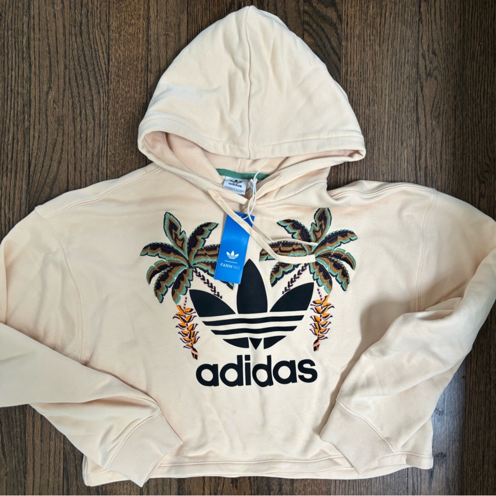 BNWT Adidas x Farm Rio Embroidered Cream Cropped Hoodie